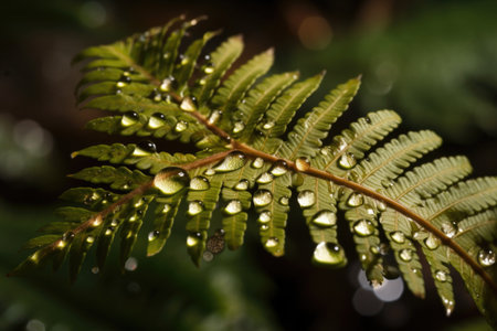 macro shot of fern frond, in shallow pool with water droplets, created with generative aiの素材