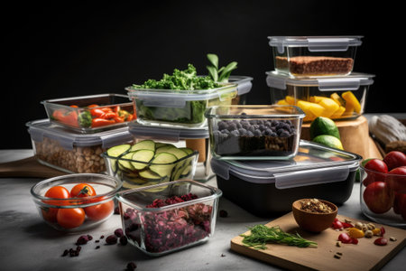 stylishly arranged meal prep containers with fresh ingredients and spices, created with generative aiの素材