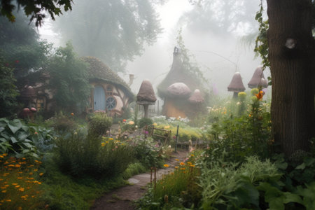 magical garden surrounded by mist and fog, with fairies and gnomes among the flora, created with generative aiの素材