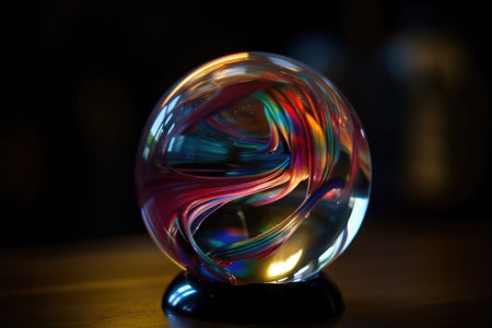 close-up of crystal ball, with streaks of light and color swirling within, created with generative aiの素材