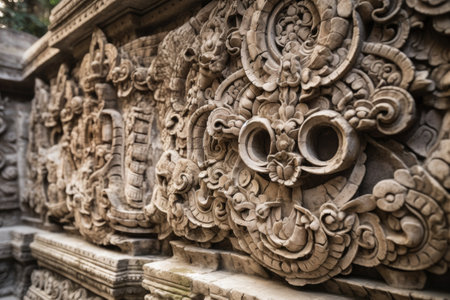 close-up of ancient stone carving, showcasing the intricate details and craftsmanship, created with generative aiの素材