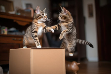playful kitten jumping from one cardboard box to another, created with generative aiの素材