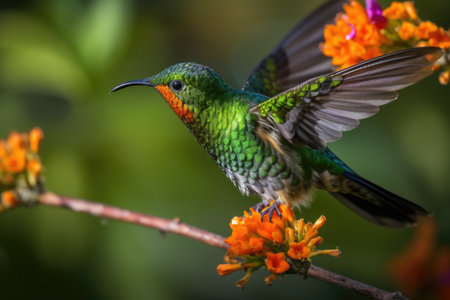 hummingbird, with its tiny beak and vibrant feathers, hovering over flower, created with generative aiの素材