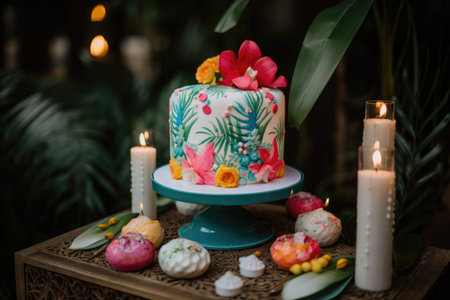 decorative cake with pops of color and tropical pattern, created with generative aiの素材