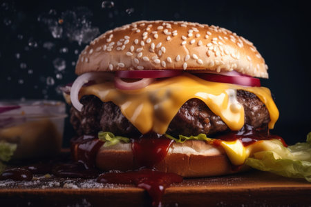 close-up of juicy classic burger, topped with melted cheese and ketchup, created with generative aiの素材