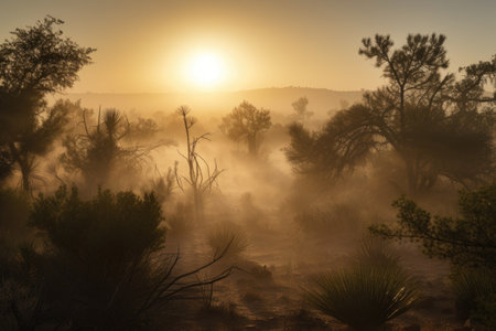 forested desert with misty sunrise in the background, created with generative aiの素材