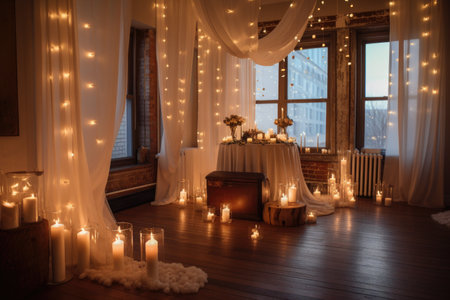 a romantic setting, with candles and string lights illuminating the room, created with generative aiの素材