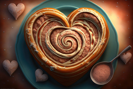 heart-shaped cinnamon roll surrounded by a heart-patterned sprinkle of icing, created with generative aiの素材