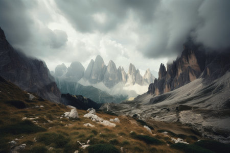 majestic mountain range, with towering peaks and jagged cliffs, surrounded by misty clouds, created with generative aiの素材