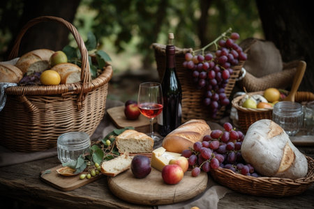 a rustic picnic with a basket of fruits, cheese, and wine glasses, created with generative aiの素材