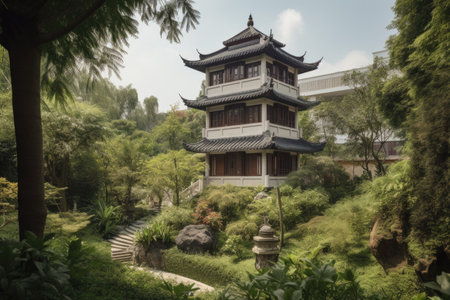 luxury hotel with view of tranquil garden and towering pagoda, created with generative aiの素材