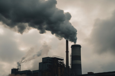 factory chimney spewing black smoke into gray sky, created with generative aiの素材
