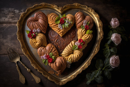 heart-shaped pastries arranged in a heart-shaped wreath on a plate, created with generative aiの素材