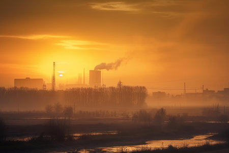 industrial plant, surrounded by haze of air pollution, created with generative aiの素材