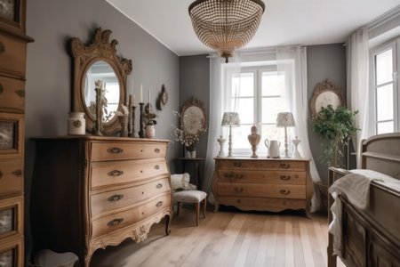 a room with a mixture of vintage and modern elements, including a shabby chic dresser paired with sleek black lamps, created with generative aiの素材
