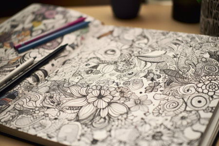 close-up of notebook filled with doodles and drawings, created with generative aiの素材