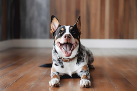 portrait of happy dog sitting on wooden floor, with its tongue hanging out, created with generative aiの素材