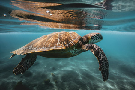 sea turtle swimming, with its flippers breaking the waters surface, created with generative aiの素材