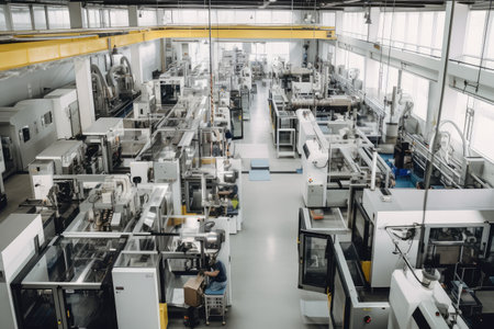 a factory floor with a mix of automated and manual machines, producing high-quality products, created with generative aiの素材