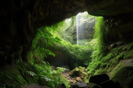 mountain cave with waterfall, surrounded by lush greenery, created with generative aiの素材