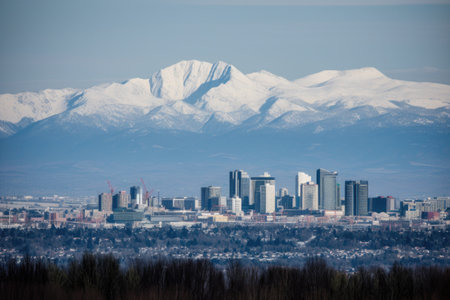 snow-capped mountain in the foreground, with city skyline visible in the distance, created with generative aiの素材