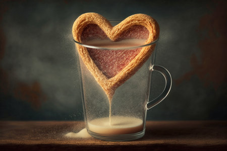 heart-shaped churro floating in warm glass of milk, created with generative aiの素材