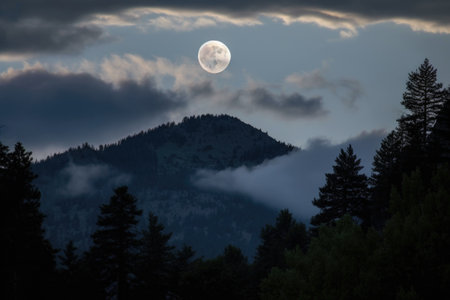 a full moon rising over a mountain range, with trees and clouds in the background, created with generative aiの素材