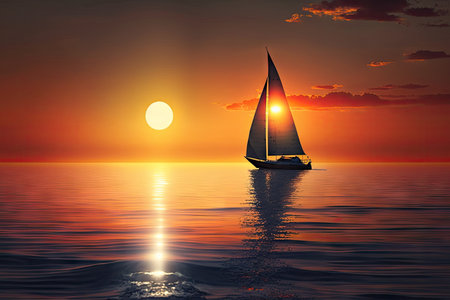 sunset sailboat on calm, clear sea, with the sun setting in the background, created with generative aiの素材