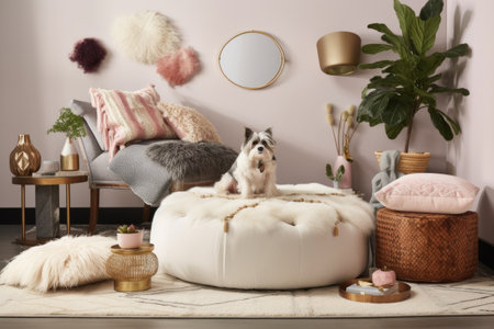 a plush pet bed surrounded by a variety of stylish accessories, created with generative aiの素材