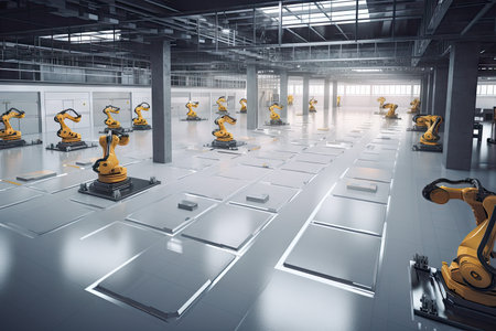 a factory floor filled with autonomous robots, tirelessly performing their duties, created with generative aiの素材