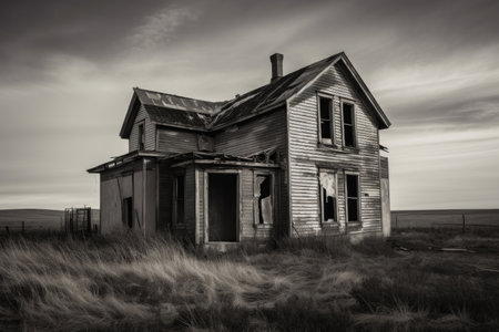 abandoned house, with window frames and doors removed, left to the elements, created with generative aiの素材