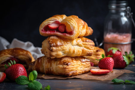 flaky puff pastry turnover filled with fresh strawberry filling, created with generative aiの素材