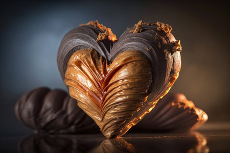 heart-shaped croissant filled with chocolate or almond paste, in close-up and detail, created with generative aiの素材