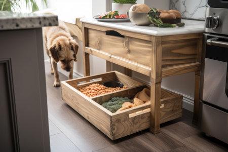 pet food and treats in wooden basket on kitchen counter, created with generative aiの素材