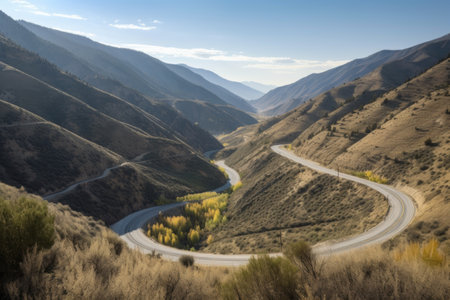 scenic road trip with winding roads and mountain views, created with generative aiの素材
