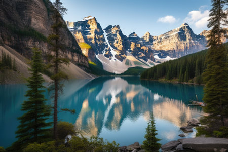 pristine mountain lake surrounded by towering peaks and greenery, created with generative aiの素材