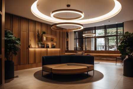 smart lighting solution in hotel lobby, with dramatic and welcoming atmosphere, created with generative aiの素材