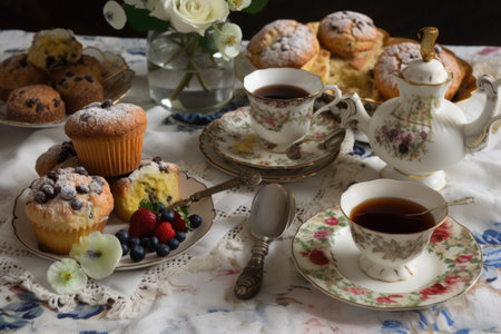 tea party setting with scones and muffins on a lace tablecloth, created with generative aiの素材