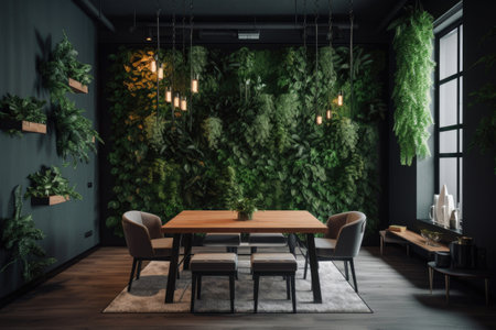 a stylish and modern interior with a wall of greenery, perfect for adding natural elements, created with generative aiの素材