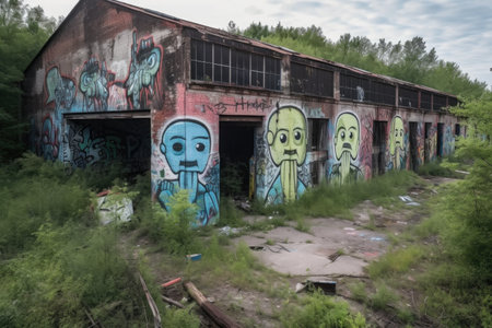alien street artist spray painting mural of extraterrestrial life on the walls of abandoned warehouse, created with generative aiの素材