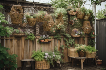 clusters of baskets and hanging plants, draping over the wooden fence, created with generative aiの素材