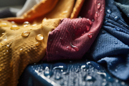 close-up of wet and freshly washed clothes, with droplets of water still on them, created with generative aiの素材