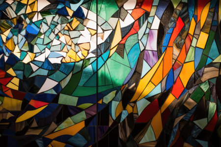 abstract mosaic and stained glass artwork, featuring vibrant colors and geometric patterns, created with generative aiの素材