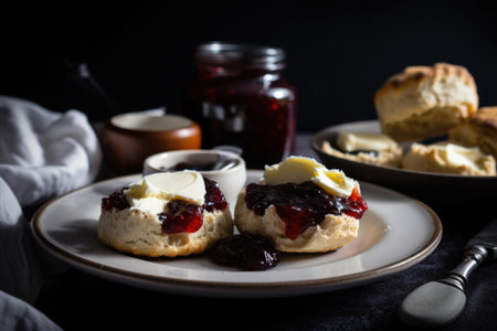 plate of warm scones, topped with homemade jam and clotted cream, created with generative aiの素材