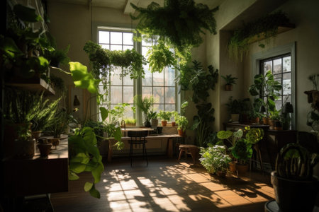 a sunlit room with lush green plants and natural sunlight, created with generative aiの素材