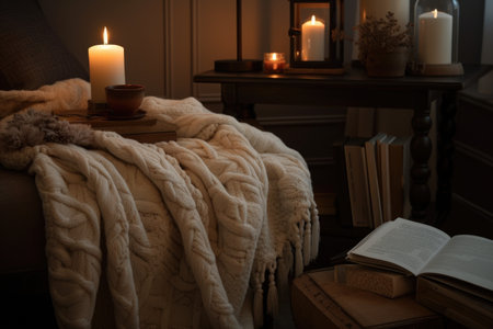 cozy reading nook with warm throw and candlelight, perfect for relaxing and unwinding, created with generative aiの素材