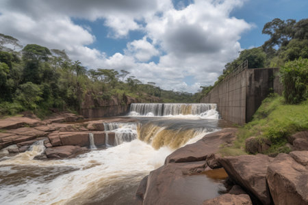 massive dam, holding back cascading rivers, and powering the surrounding community, created with generative aiの素材