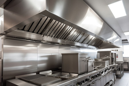 ventilation and exhaust system in the kitchen, with hood and grease filters for optimal cooking, created with generative aiの素材