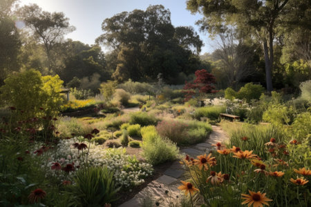 a garden with a variety of native plants, including trees, shrubs and wildflowers, created with generative aiの素材