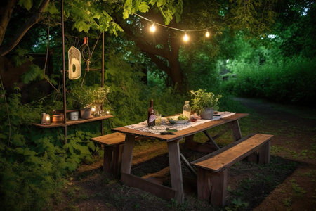 rustic picnic table with wooden bench and bistro lights, surrounded by greenery, created with generative aiの素材